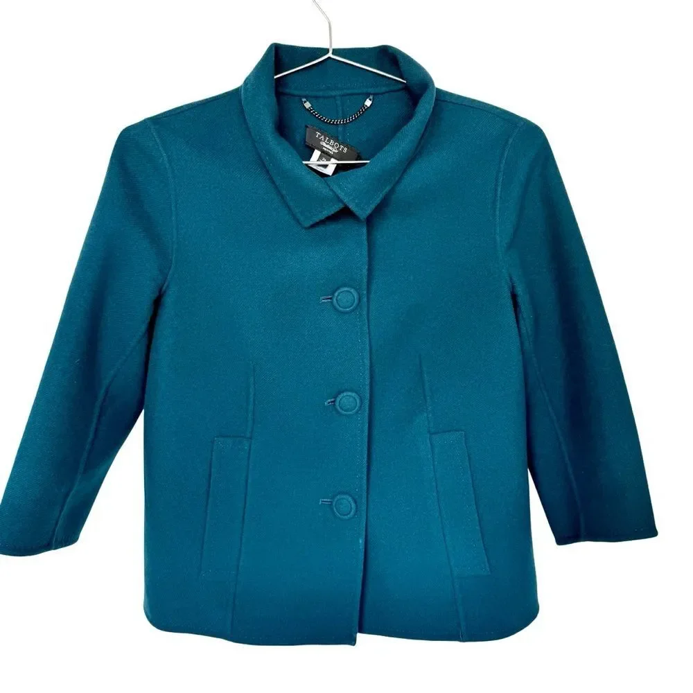 Talbots • Teal Wool Jacket Coat Blazer • Size 2 Petite • 3/4 Sleeve - Picture 3 of 13